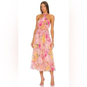 Rococo Sand Pink and Yellow Floral Twist-Halter Midi Dress